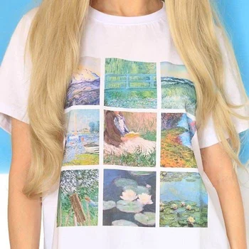 HahayuleWomen Vintage Monē Glezna T-Krekls Mīksto Grunge Estētisko Iespiesti Tee Atdzist Vasaras Topi