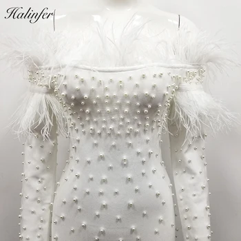 Halinfer 2019 Jauna Rudens sievietes sexy kleita bodycon Slash kakla Spalvas Frēzēšana pārsējs eleganta kleita slavenība puse kleitas
