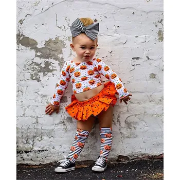 Halloween Jaundzimušo Set 3pcs Ķirbju Drukāt garām Piedurknēm T-krekls Savirmot Svārki, Galvas Baby Meiteņu Apģērbs