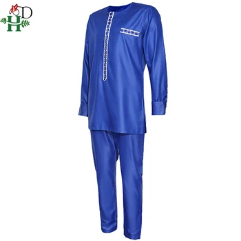 H&D Mens Dashiki Krekls, Bikses, Uzvalks Plus Lieluma Vīriešiem Āfrikas Drēbes ar garām Piedurknēm Top Ar Bikšu Komplekts 2PC Apģērbs, Izšūšana Attire