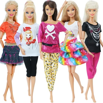 Handmake 5 Komplekti Jauki Tērpi Lady Ikdienas Casual Wear T-Krekls Blūze Šorti Bikses, Leoparda Kūka Svārki Apģērbu Barbie Lelle, Rotaļlietas