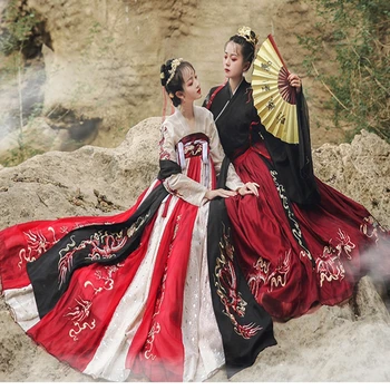 Hanfu sieviešu Kostīmi Ķīniešu Stilā Dienas hanfu kleita Rudens Kleita Tradicionālie Izšuvumi Lielās Šūpoles Kleitu Sarkanā, Melnā cosplay Hanfu