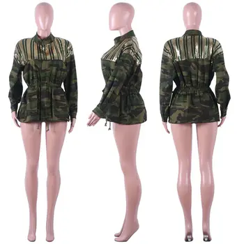 HAOYUAN Maskēties Sequin Jaka Outwear Sieviešu Apģērbu Full Sleeve Plus Lieluma Rudens Streetwear Armijas Zaļā Camo Ilgi Džinsa Svārkus