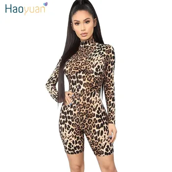 HAOYUAN Sexy Leopard, Tiger Drukāt Īsu Jumpsuits Sieviešu Modes Apģērbu Viens Gabals Kombinezonus Body ar garām Piedurknēm Bodycon Playsuit
