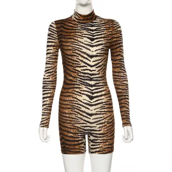 HAOYUAN Sexy Leopard, Tiger Drukāt Īsu Jumpsuits Sieviešu Modes Apģērbu Viens Gabals Kombinezonus Body ar garām Piedurknēm Bodycon Playsuit