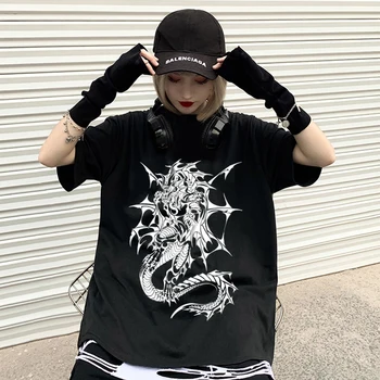 Harajuku korejas Modes Lielo izmēru pūķis Drukāt Sieviešu T-Krekls Hipsters Grunge Stila Gadījuma Zaudēt vintage Black Īsām Piedurknēm Topi