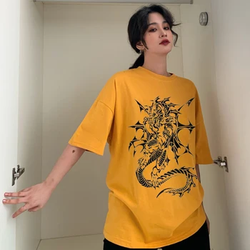 Harajuku korejas Modes Lielo izmēru pūķis Drukāt Sieviešu T-Krekls Hipsters Grunge Stila Gadījuma Zaudēt vintage Black Īsām Piedurknēm Topi