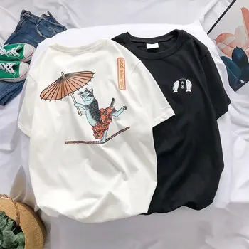 Harajuku Stils Vīrieši Japāņu Žonglē Kaķis Iespiests T-Krekls Vasaras Vīriešu Augstas Kvalitātes Streetwear Īsām Piedurknēm Cute Karikatūra T Krekli