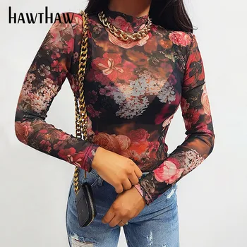 Hawthaw Sieviešu Modes Pavasara Vasaras Skatīt Caur Sietu Ziedu Iespiesti Slim T Krekls Topi, T-Veida, Ir 2021. Sieviešu Apģērbu Streetwear