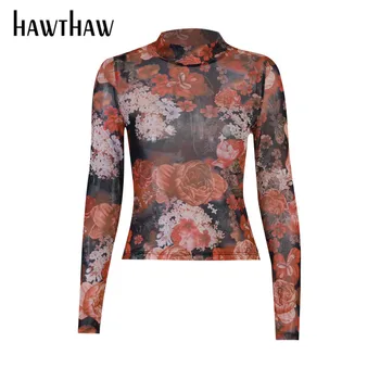 Hawthaw Sieviešu Modes Pavasara Vasaras Skatīt Caur Sietu Ziedu Iespiesti Slim T Krekls Topi, T-Veida, Ir 2021. Sieviešu Apģērbu Streetwear