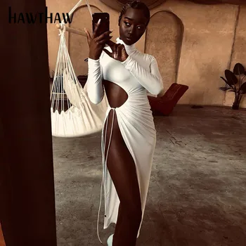 Hawthaw Sieviešu Modes Rudenī Garām Piedurknēm Dobi No Soild Krāsu Izdilis Atvērt Dakša Sadalīt Kleita 2020. Gadam Ietilpst Apģērbu Streetwear