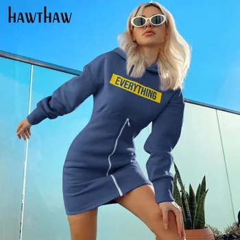 Hawthaw Sieviešu Rudens Ziemas Garām Piedurknēm Vēstuli Izdrukāt Rāvējslēdzēju Bodycon Gadījuma Mini Īss Kapuci Kleita 2020. Gadam Ietilpst Apģērbu Streetwear