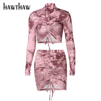 Hawthaw Sieviešu Rudens Ziemas Garām Piedurknēm Drukāts Kroku Crop Topi Mini Svārki Divi Gabali Kopums Ir 2021. Sieviešu Apģērbu Streetwear
