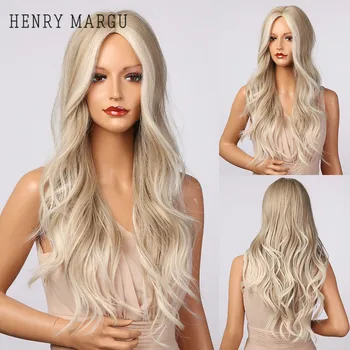 HENRIJS MARGU Ilgi Viļņotas Platinum Blonde Highlight Parūkas Sintētiskās Dabas Parūkas Sievietēm Vidusdaļā-Cosplay Parūkas siltumizturīgas