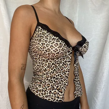 HEYounGIRL Leopards Drukāt Seksīgas Mežģīnes Cami Top Sieviešu Vasaras Sadalīt V Kakla Piedurknēm Spageti Siksnas Topi, t-veida, Y2K Kultūraugu Top Modes