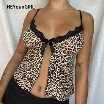 HEYounGIRL Leopards Drukāt Seksīgas Mežģīnes Cami Top Sieviešu Vasaras Sadalīt V Kakla Piedurknēm Spageti Siksnas Topi, t-veida, Y2K Kultūraugu Top Modes