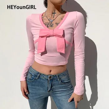 HEYounGIRL Rozā Sviedri Gudrs Garām Piedurknēm Kultūraugu Top T Krekls Rudens Gadījuma Loku Kokvilnas T Dāmas Modes Korejas Tee Kreklu Femme