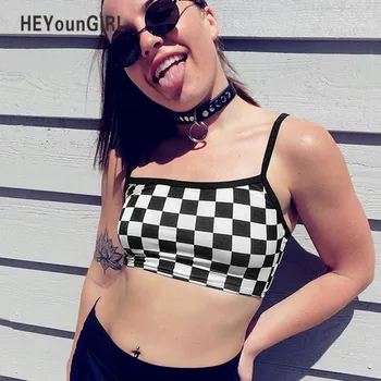 HEYounGIRL Sexy Rūtainā Apgriezts Augšu 2018. Gada Vasaras Piedurknēm Šaha Topiņi T-Veida Krekls Strappy Pleds Camis Streetwear