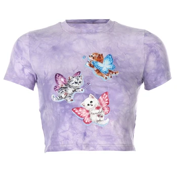 HEYounGIRL Vasaras Gadījuma Kaķis Drukāt Gudrs Kultūraugu Top T Krekls Modes Kaklasaites Krāsu Drukas Īsām Piedurknēm T-krekls Dāmas Violeta Streetwear
