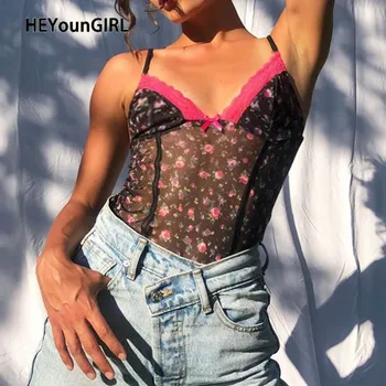 HEYounGIRL Ziedu Drukāt Raibs Mežģīnes Kultūraugu Top T Krekls Dāmas Vasaras Piedurknēm Seksīgi Caurspīdīga Sieta Tshirt Sieviešu Vintage 2020