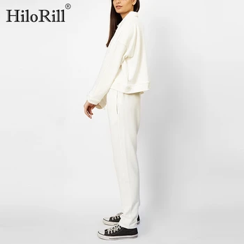 HiloRill Sieviešu Ikdienas Cietā 2 Gabals, Kas Savukārt Apkakle Plats Piedurknēm Topi Brīvs Kroku Ilgi Zīmuli Bikses Dāmas Tērpiem 2020