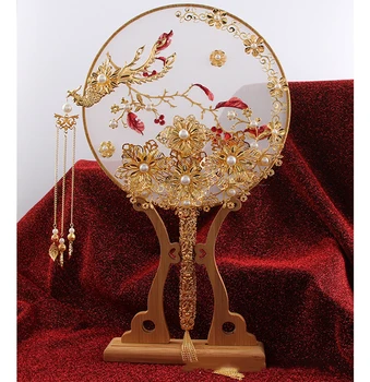 HIMSTORY Luksusa Ķīnas Līgavas Ventilators Pušķis Pērles Zelta Phoenix Roku darbs Kāzu Ziedi Metāla Kārtas Puses, Ventilators, Aksesuāri Līgavām