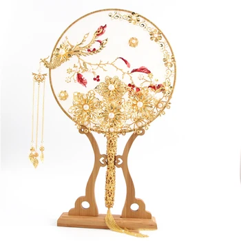HIMSTORY Luksusa Ķīnas Līgavas Ventilators Pušķis Pērles Zelta Phoenix Roku darbs Kāzu Ziedi Metāla Kārtas Puses, Ventilators, Aksesuāri Līgavām