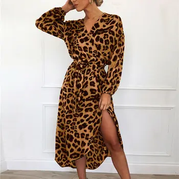 Hirigin Sexy Sievietes Vasaras Kleita, Dāmas, Sievietes Ar Garām Piedurknēm Leopard Maxi Kleita Sadalīt Vakara Puse Nakts Elegants Kleitas