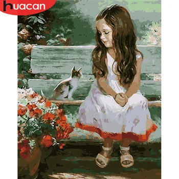 HUACAN Diy Eļļas Glezna, Ko Numuri Meitene Un Kaķis Mūsdienu Attēls Sienas Mākslas Rokām Krāsotas Attēlu Mājas Apdare Mākslas darbu