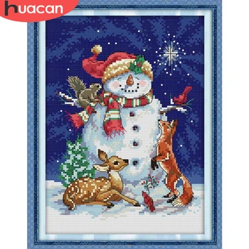 HUACAN Izšuvumi Sniegavīrs Cross Stitch Krāsains Komplekti Balts Audekls Mājas Apdare Rokdarbi Komplekti 11CT 14CT DIY Ziemassvētku Dāvanu