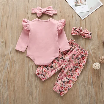 Humora Lācis Jauna Rudens Bērns Meiteņu Apģērbu Komplekti ar garām piedurknēm T-krekls+Ziedu Kaklasaiti, Bikses+Galvas 4gab Jumpsuit Toddler Bērniem Uzvalks