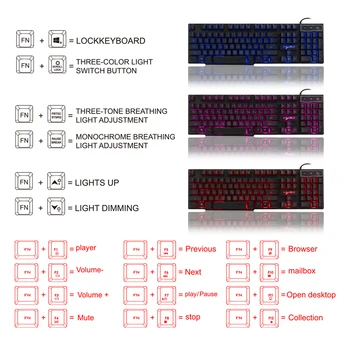 HXSJ Spēļu Tastatūra, krievu, angļu Klaviatūra 3 Krāsu LED Apgaismojums 104 Taustiņi Vadu Tastatūru Gamer ir Iekārtas Spēlētājs