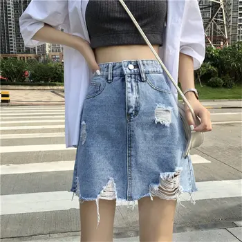 Hzirip Korejas Šiks 2019. Gada Vasarā Sievietēm Svaigu Cieto Slim Nelegālo Augsta Vidukļa Īsi Svārki Vaļēju Caurumu Modes-Line Mini Džinsa Svārki