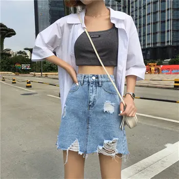 Hzirip Korejas Šiks 2019. Gada Vasarā Sievietēm Svaigu Cieto Slim Nelegālo Augsta Vidukļa Īsi Svārki Vaļēju Caurumu Modes-Line Mini Džinsa Svārki