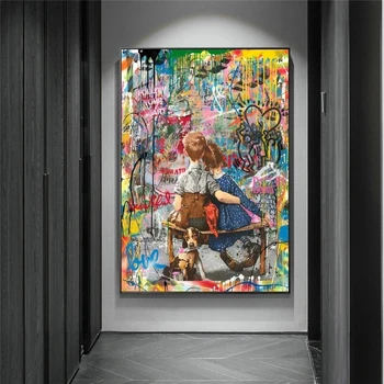 Ielu Grafiti Mākslas Eļļas Gleznas uz Audekla Krāsains Zēns, Meitene, Plakāti un Izdrukas Pop Art Sienas Attēlu, viesistaba, Mājas Dekoru
