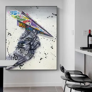 Ielu Grafiti Mākslas Sienas Gleznas Audekls Izdrukas Plakātu Papīra Lidmašīna, ar Roku Attēlu Dzīvojamā Istaba Cuadros Mājas Apdare