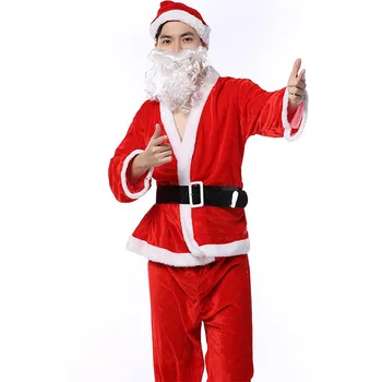 Ierašanās Plus Lieluma Pieaugušo Tērpu Santa Claus cosplay Tērpu Ziemassvētku Kostīmi Vīriešu Mētelis, Bikses Bārdu Josta, Cepure, Uzstādīt Ziemassvētku Komplekts