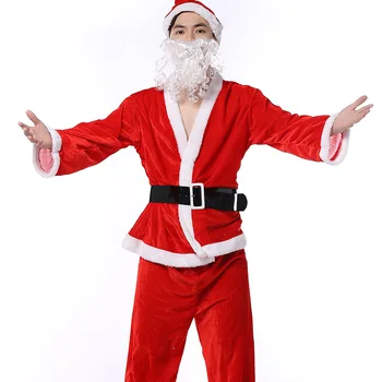 Ierašanās Plus Lieluma Pieaugušo Tērpu Santa Claus cosplay Tērpu Ziemassvētku Kostīmi Vīriešu Mētelis, Bikses Bārdu Josta, Cepure, Uzstādīt Ziemassvētku Komplekts