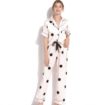 Iespiests Dot Pyjama V Kakla Īsām Piedurknēm Elastīgs Viduklis Naktsveļu Sleepwear Sieviešu Ikdienas Retro Sieviešu Pidžamas Komplekti