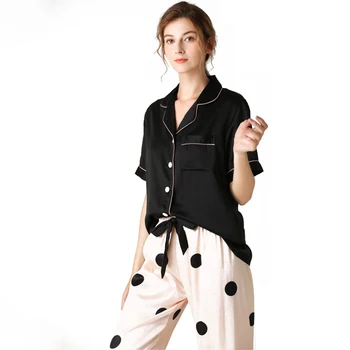 Iespiests Dot Pyjama V Kakla Īsām Piedurknēm Elastīgs Viduklis Naktsveļu Sleepwear Sieviešu Ikdienas Retro Sieviešu Pidžamas Komplekti