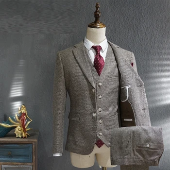 Ikdienas Tērps Vīriešu Uzvalks Pelēkā Biznesa Formālu Kleita, Uzvalks Mens Britu Stila Līgavainis Kāzu Uzvalki, Uzvalku 3-gabals Traje Novio 