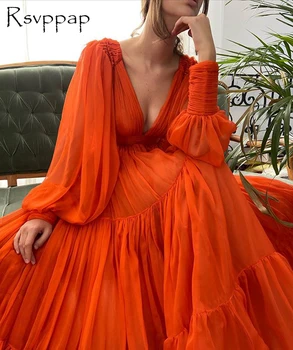 Ilgi Elegantas Vakara Kleitas 2020. Gadam, V-veida kakla Līnija ar garām Piedurknēm Apelsīnu Šifona Dubaija Sieviešu Formālā Puse Nakts Lidies Kleitas