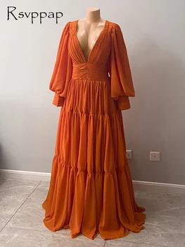 Ilgi Elegantas Vakara Kleitas 2020. Gadam, V-veida kakla Līnija ar garām Piedurknēm Apelsīnu Šifona Dubaija Sieviešu Formālā Puse Nakts Lidies Kleitas