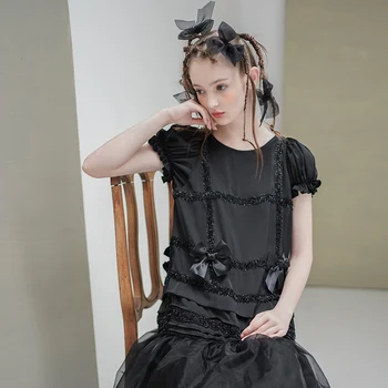 Imakokoni oriģināls dizains melnā puff piedurknēm līmēšana mesh dress Japāņu plānas sieviešu vasaras 203022
