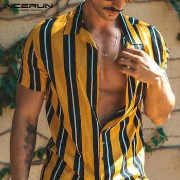INCERUN ir 2021. Vīriešiem Gadījuma Svītrains Krekls ar Īsām Piedurknēm Savukārt Apkakle Streetwear Atpūtas Havaju Krekli Modes Vasaras Camisas