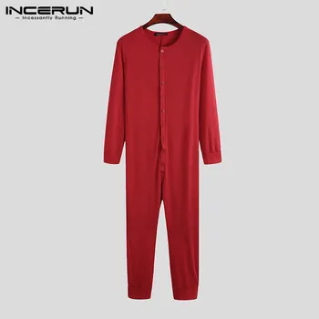 INCERUN ir 2021. Vīriešu Pidžamas Jumpsuit Ērtu Cieto Krāsā ar garām Piedurknēm Pogas Homewear Atpūtas Sleepwear Vīriešu Kombinezonus Naktsveļu