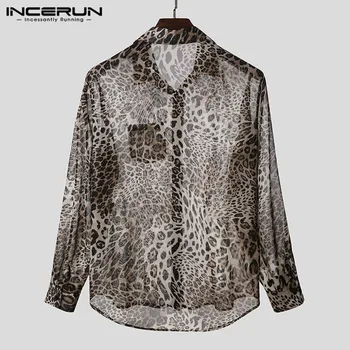 INCERUN Leopards Drukāt Vīriešu Krekls Pārredzamu Atloks Ir 2021. Sexy Pogu garām Piedurknēm Puse Naktsklubs Krekli Modes Streetwear Camisas