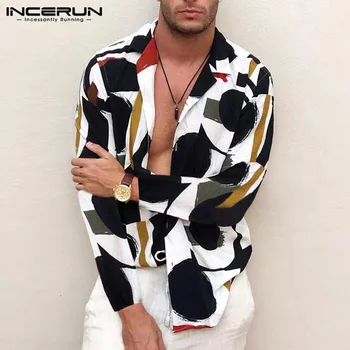 INCERUN Modes Vīrieši Havaju Krekls Drukas Garas Piedurknes Atloks Apkakli Gadījuma Zīmola Streetwear Šiks Krekls Vīriešiem Camisa Masculina 2021