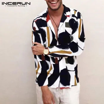 INCERUN Modes Vīrieši Havaju Krekls Drukas Garas Piedurknes Atloks Apkakli Gadījuma Zīmola Streetwear Šiks Krekls Vīriešiem Camisa Masculina 2021