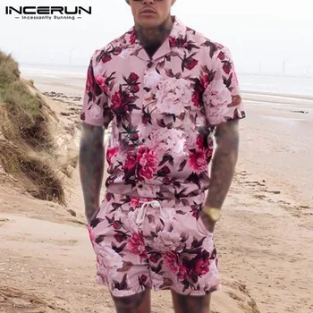 INCERUN Vīriešiem Komplekti Ziedu Iespiesti Brīvdienas Elpojošs Beach Atloks ar Īsām Piedurknēm Krekls Bikses Streetwear Vīriešiem Havaju Tērpi 2 Gabali